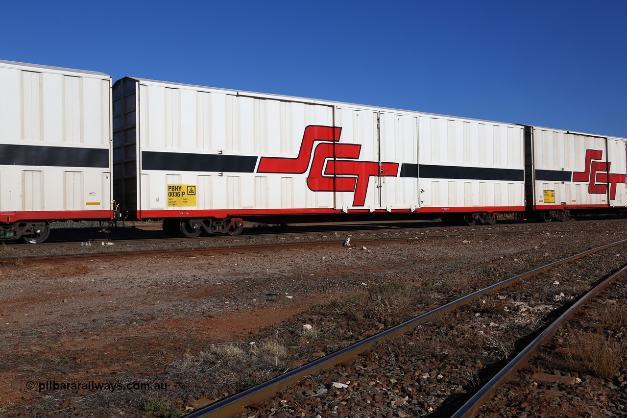 160530 9201
Parkeston, SCT train 7GP1 which operates from Parkes NSW (Goobang Junction) to Perth, PBHY type covered van PBHY 0036 Greater Freighter, leader of a second batch of thirty units built by Gemco WA without the Greater Freighter signage.
Keywords: PBHY-type;PBHY0036;Gemco-WA;