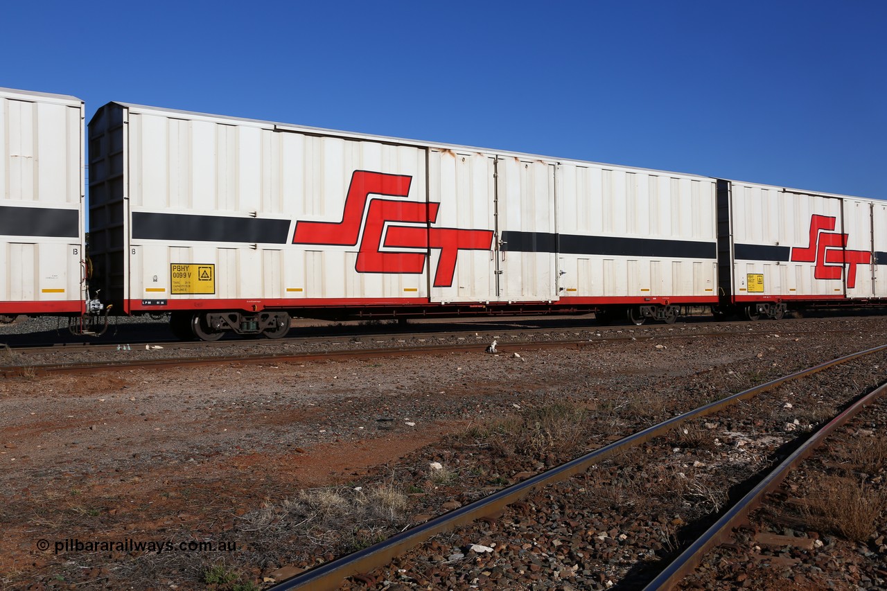 160530 9204
Parkeston, SCT train 7GP1 which operates from Parkes NSW (Goobang Junction) to Perth, PBHY type covered van PBHY 0099 Greater Freighter, built by CSR Meishan Rolling Stock Co China in 2014 without the Greater Freighter signage.
Keywords: PBHY-type;PBHY0099;CSR-Meishan-China;