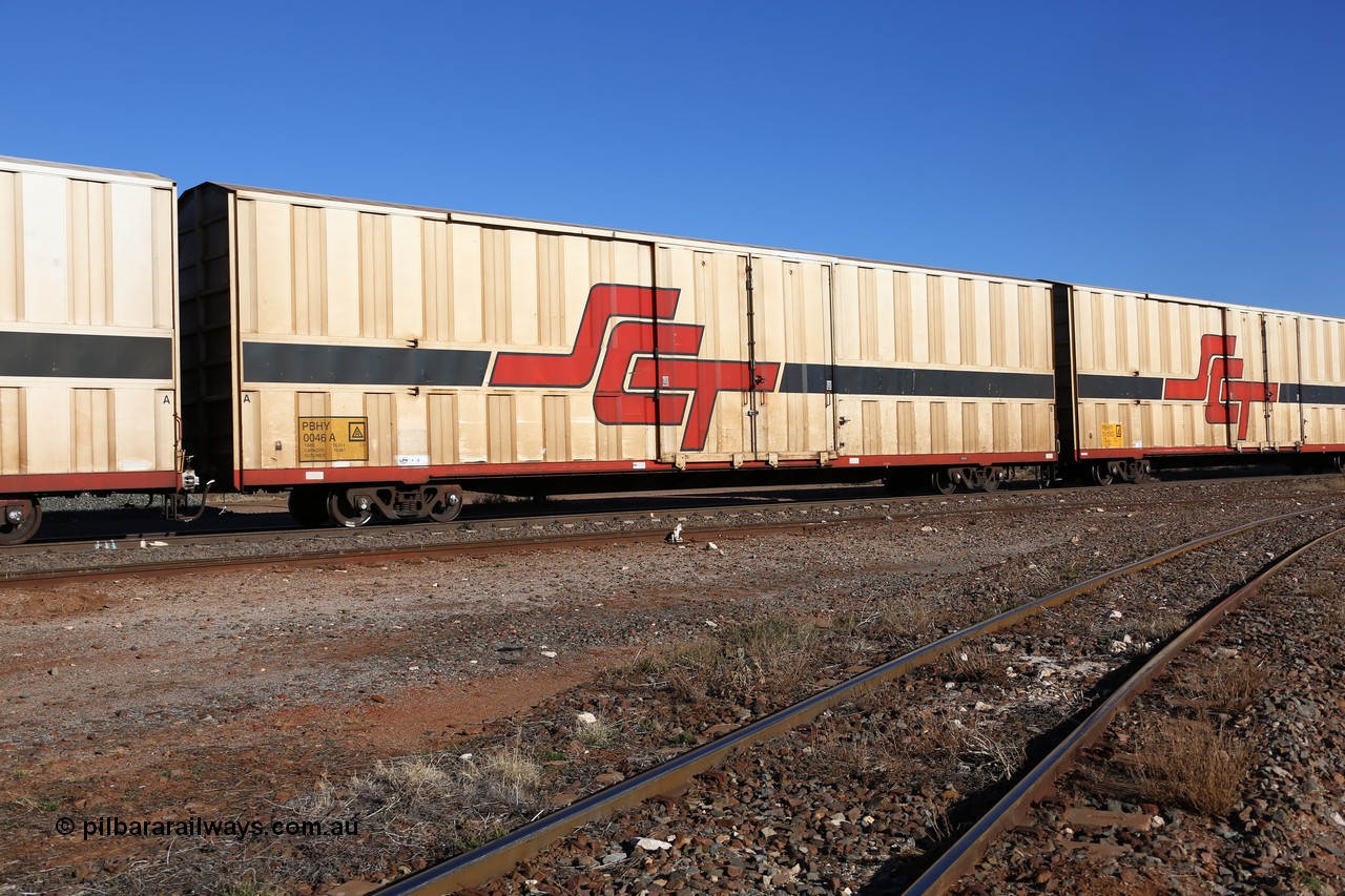 160530 9208
Parkeston, SCT train 7GP1 which operates from Parkes NSW (Goobang Junction) to Perth, PBHY type covered van PBHY 0046 Greater Freighter, one of a second batch of thirty units built by Gemco WA without the Greater Freighter signage.
Keywords: PBHY-type;PBHY0046;Gemco-WA;