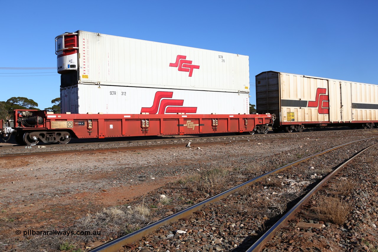 160530 9210
Parkeston, SCT train 7GP1 which operates from Parkes NSW (Goobang Junction) to Perth, PWWY type PWWY 0015 one of forty well waggons built by Bradken NSW for SCT, loaded with two 48' SCT reefers, SCTR 312 and SCTR 215.
Keywords: PWWY-type;PWWY0015;Bradken-NSW;