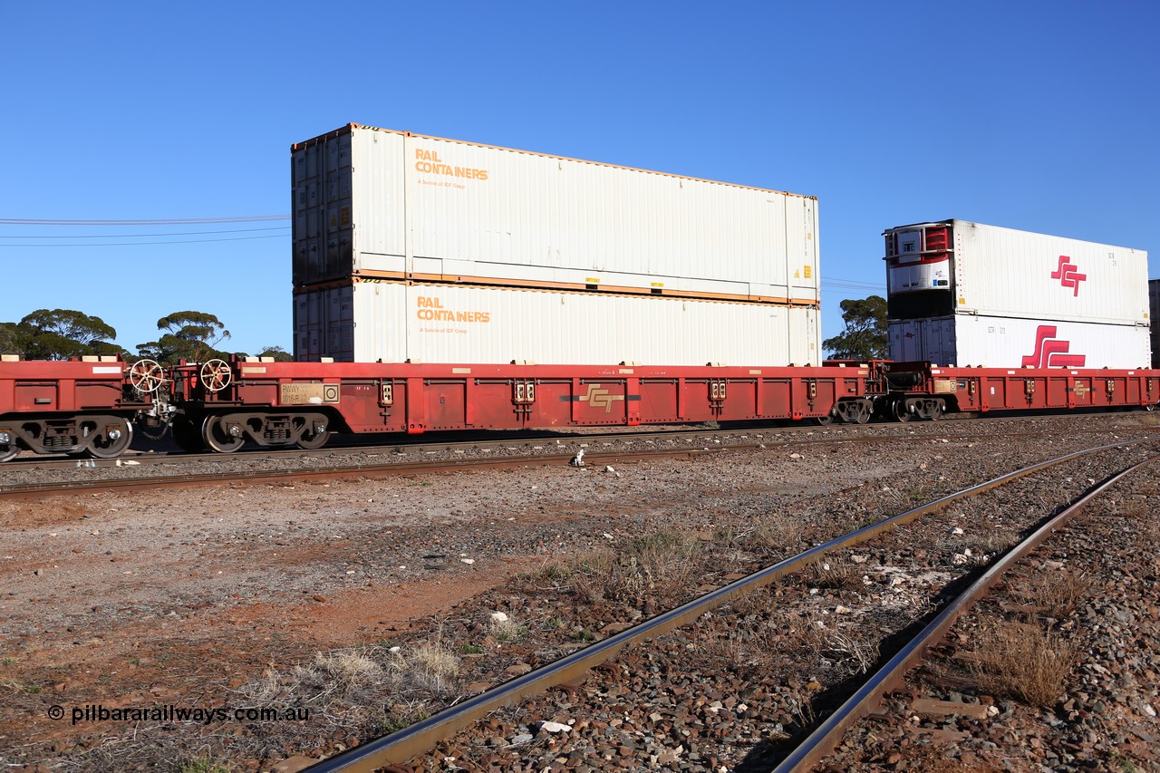 160530 9211
Parkeston, SCT train 7GP1 which operates from Parkes NSW (Goobang Junction) to Perth, PWWY type PWWY 0016 one of forty well waggons built by Bradken NSW for SCT, loaded with two 48' MFG1 type Rail Container boxes SCFU 412598 and SCFU 412544.
Keywords: PWWY-type;PWWY0016;Bradken-NSW;