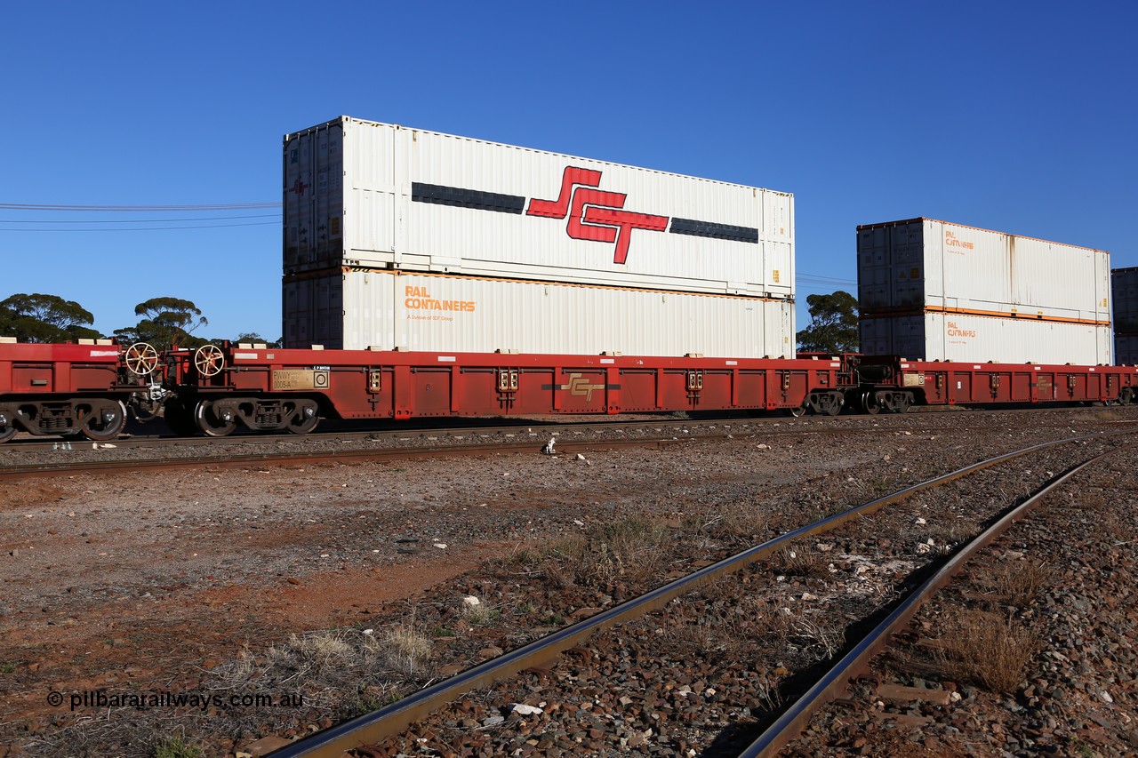 160530 9213
Parkeston, SCT train 7GP1 which operates from Parkes NSW (Goobang Junction) to Perth, PWWY type PWWY 0005 one of forty well waggons built by Bradken NSW for SCT, loaded with two 48' MFG1 type boxes, Rail Containers SCFU 412559 and SCT SCTDS 4845.
Keywords: PWWY-type;PWWY0005;Bradken-NSW;