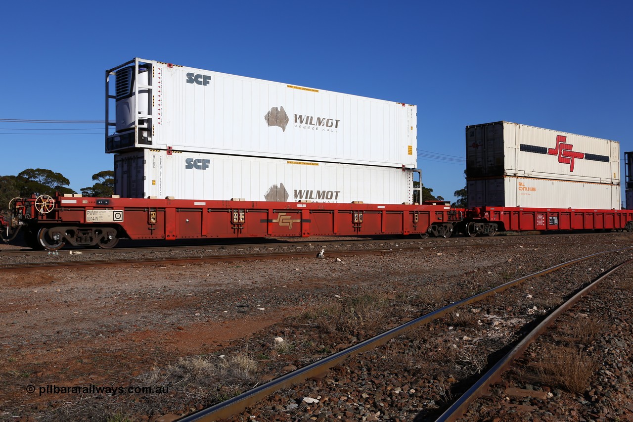 160530 9217
Parkeston, SCT train 7GP1 which operates from Parkes NSW (Goobang Junction) to Perth, PWWY type PWWY 0014 one of forty well waggons built by Bradken NSW for SCT, loaded with two 46' MFRG type former Wilmot Freeze Haul reefers, now in SCF service SCFU 814060 and SCFU 814051.
Keywords: PWWY-type;PWWY0014;Bradken-NSW;