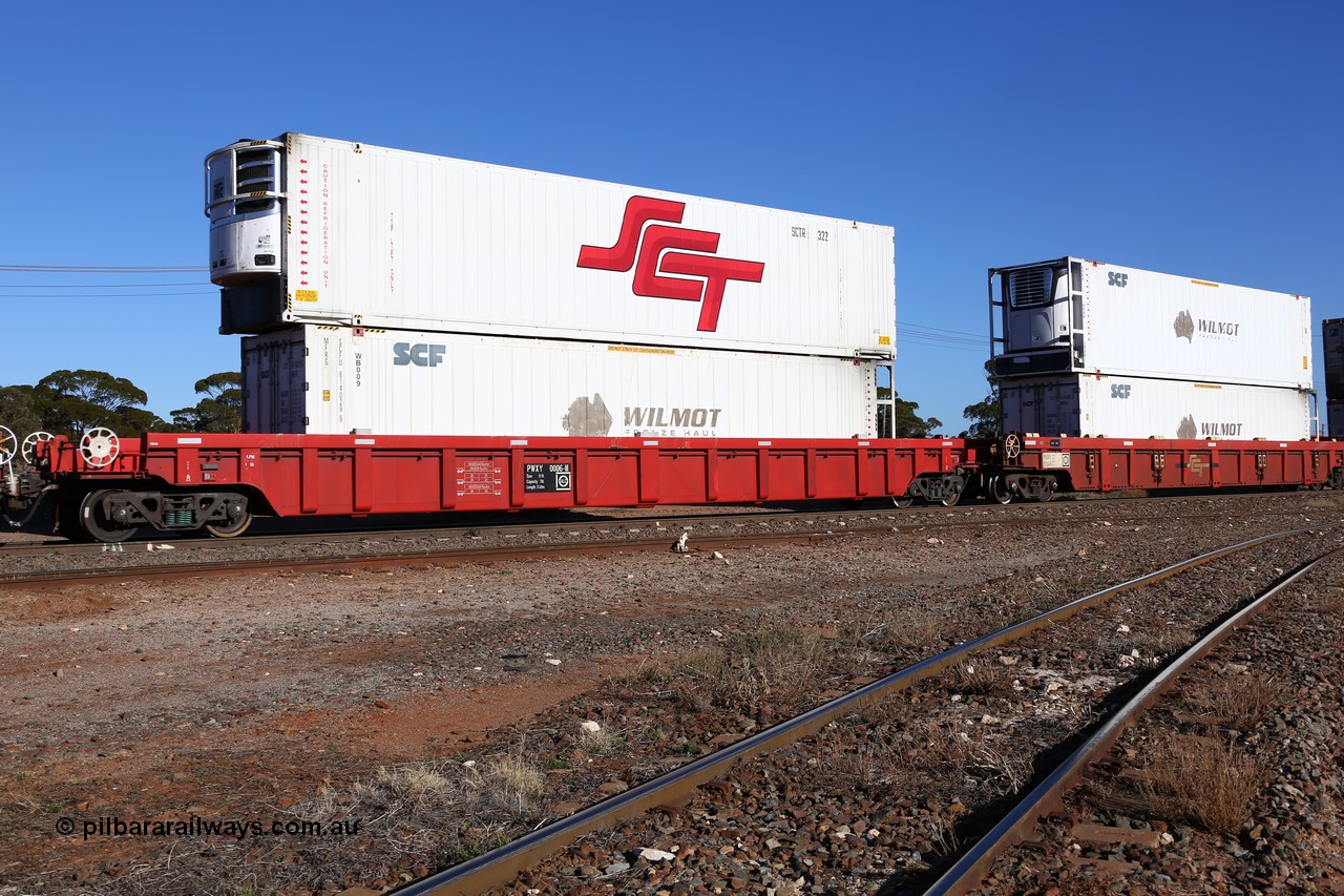 160530 9218
Parkeston, SCT train 7GP1 which operates from Parkes NSW (Goobang Junction) to Perth, PWXY type PWXY 0006 one of twelve well waggons built by CSR Meishan Rolling Stock Co of China for SCT in 2008, loaded with a 46' MFRG type former Wilmot Freeze Haul WB009 now in SCF service SCFU 814029 and a 48' SCT reefer SCTR 322.
Keywords: PWXY-type;PWXY0006;CSR-Meishan-China;