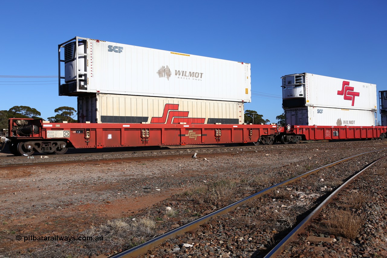 160530 9219
Parkeston, SCT train 7GP1 which operates from Parkes NSW (Goobang Junction) to Perth, PWWY type PWWY 0035 one of forty well waggons built by Bradken NSW for SCT, loaded with a 40' SCT GPR1 type reefer SCTR 033 and a 46' MFRG type former Wilmot Freeze Haul reefer, now in SCF service SCFU 814055.
Keywords: PWWY-type;PWWY0035;Bradken-NSW;