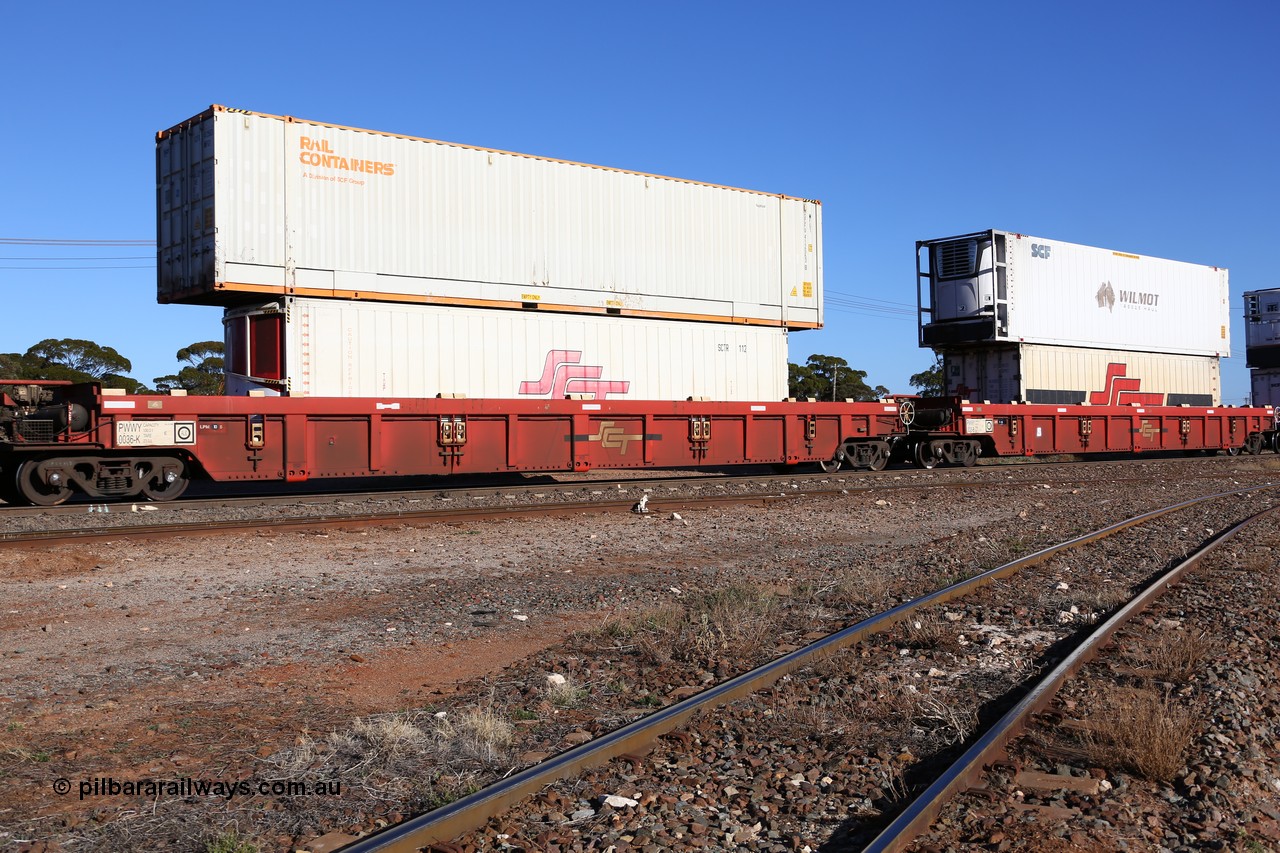 160530 9220
Parkeston, SCT train 7GP1 which operates from Parkes NSW (Goobang Junction) to Perth, PWWY type PWWY 0036 one of forty well waggons built by Bradken NSW for SCT, loaded with a 40' SCT GPR1 type reefer SCTR 112 and a 48' MFG1 type Rail Containers box SCFU 412553.
Keywords: PWWY-type;PWWY0036;Bradken-NSW;