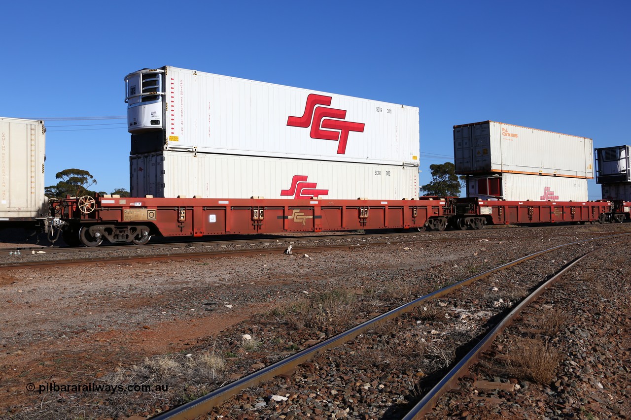 160530 9221
Parkeston, SCT train 7GP1 which operates from Parkes NSW (Goobang Junction) to Perth, PWWY type PWWY 0002 one of forty well waggons built by Bradken NSW for SCT, loaded with two 48' SCT reefers SCTR 302 and SCTR 311.
Keywords: PWWY-type;PWWY0002;Bradken-NSW;