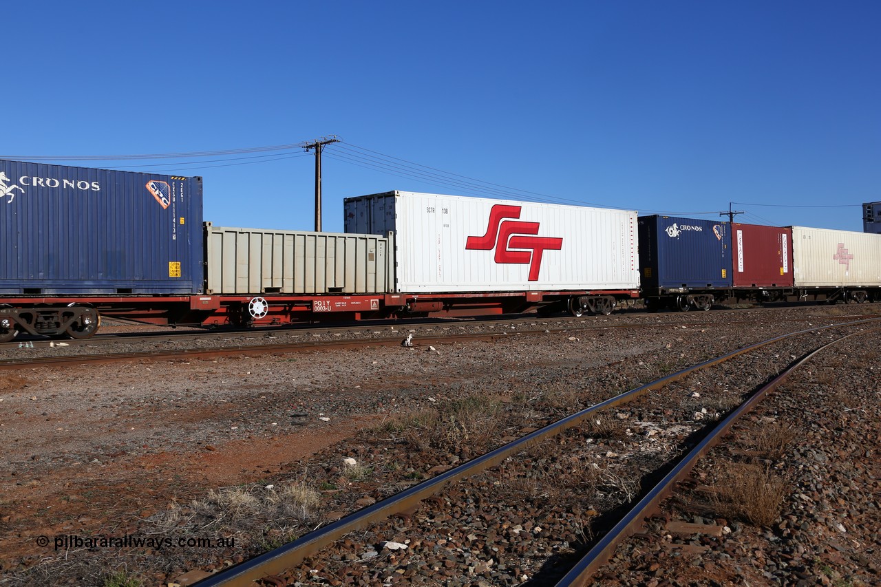 160530 9223
Parkeston, SCT train 7GP1 which operates from Parkes NSW (Goobang Junction) to Perth, Gemco WA built PQIY type 80' container flat PQIY 0003 loaded with an SCT 40' RFRA type reefer SCTR 138, a half height open top 20' WH 28 and a 20' 2EG1 type Cronos box CXSU 111413.
Keywords: PQIY-type;PQIY0003;Gemco-WA;