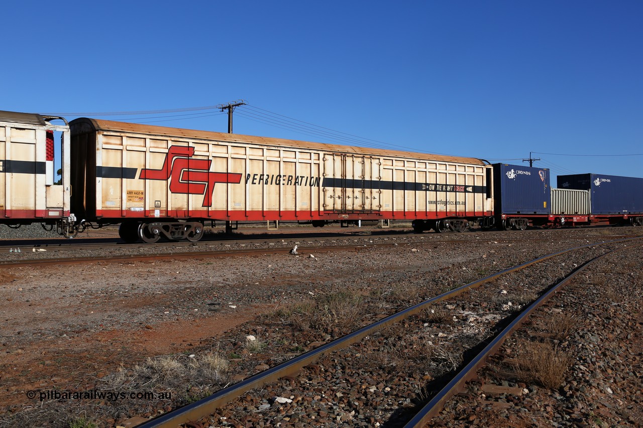 160530 9226
Parkeston, SCT train 7GP1 which operates from Parkes NSW (Goobang Junction) to Perth, ARBY type ARBY 4430 refrigerated van, originally built by Comeng WA in 1977 as a VFX type covered van for Commonwealth Railways, recoded to ABFX and converted from ABFY by Gemco WA in 2004/05 to ARBY.
Keywords: ARBY-type;ARBY4430;Comeng-WA;VFX-type;