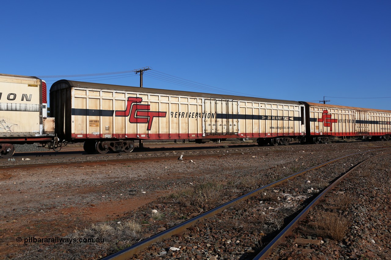 160530 9227
Parkeston, SCT train 7GP1 which operates from Parkes NSW (Goobang Junction) to Perth, ARBY type ARBY 2686 refrigerated van, originally built by Comeng NSW in 1973 as a VFX type covered van for Commonwealth Railways, recoded to ABFX, ABGY and finally converted from ABFY by Gemco WA in 2004/05 to ARBY.
Keywords: ARBY-type;ARBY2686;Comeng-NSW;VFX-type;