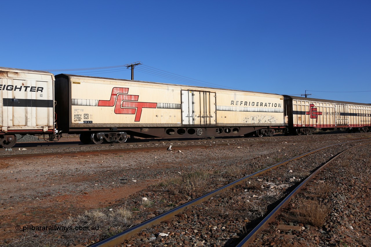 160530 9228
Parkeston, SCT train 7GP1 which operates from Parkes NSW (Goobang Junction) to Perth, ARFY type ARFY 2188 refrigerated van with a Ballarat built Maxi-CUBE body mounted on an original Commonwealth Railways ROX container waggon built by Comeng Qld in 1970, recoded to AQOX, AQOY and RQOY before having the Maxi-CUBE refrigerated body added circa 1998 for SCT service.
Keywords: ARFY-type;ARFY2188;Maxi-Cube;Comeng-Qld;ROX-type;AQOX-type;