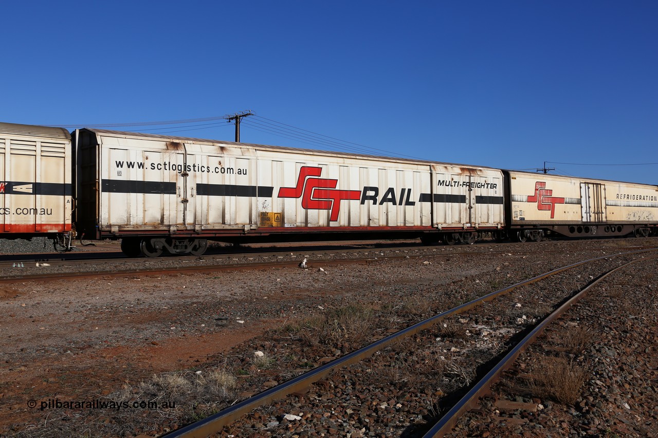 160530 9229
Parkeston, SCT train 7GP1 which operates from Parkes NSW (Goobang Junction) to Perth, PBGY type covered van PBGY 0046 Multi-Freighter, one of eighty two waggons built by Queensland Rail Redbank Workshops in 2005.
Keywords: PBGY-type;PBGY0046;Qld-Rail-Redbank-WS;