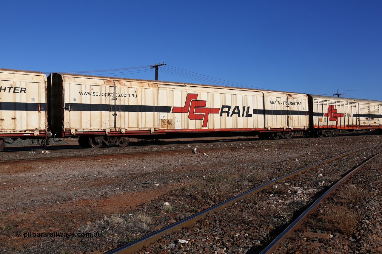 160530 9231
Parkeston, SCT train 7GP1 which operates from Parkes NSW (Goobang Junction) to Perth, PBGY type covered van PBGY 0105 Multi-Freighter, one of eighty units built by Gemco WA.
Keywords: PBGY-type;PBGY0105;Gemco-WA;