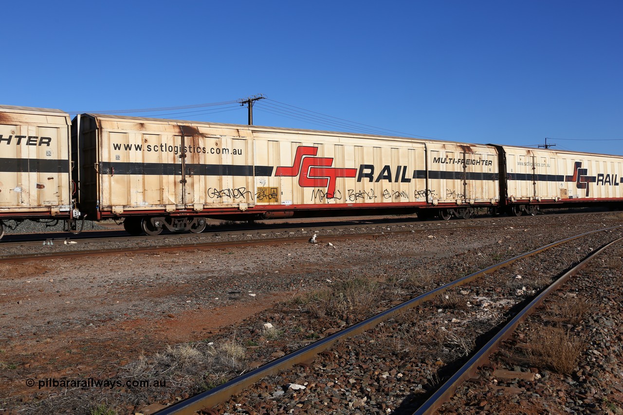 160530 9233
Parkeston, SCT train 7GP1 which operates from Parkes NSW (Goobang Junction) to Perth, PBGY type covered van PBGY 0024 Multi-Freighter, one of eighty two waggons built by Queensland Rail Redbank Workshops in 2005.
Keywords: PBGY-type;PBGY0024;Qld-Rail-Redbank-WS;