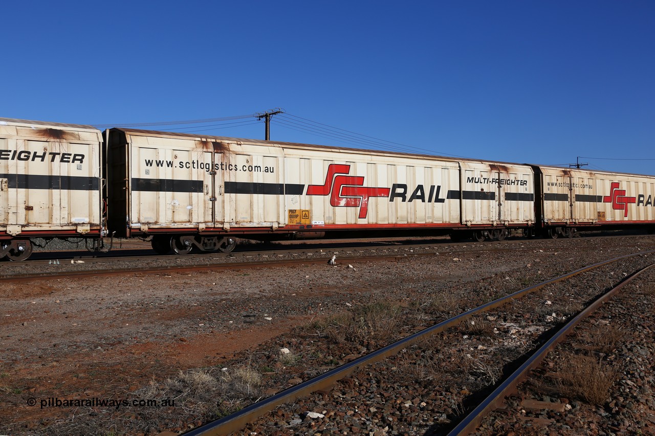 160530 9235
Parkeston, SCT train 7GP1 which operates from Parkes NSW (Goobang Junction) to Perth, PBGY type covered van PBGY 0009 Multi-Freighter, one of eighty two waggons built by Queensland Rail Redbank Workshops in 2005.
Keywords: PBGY-type;PBGY0009;Qld-Rail-Redbank-WS;