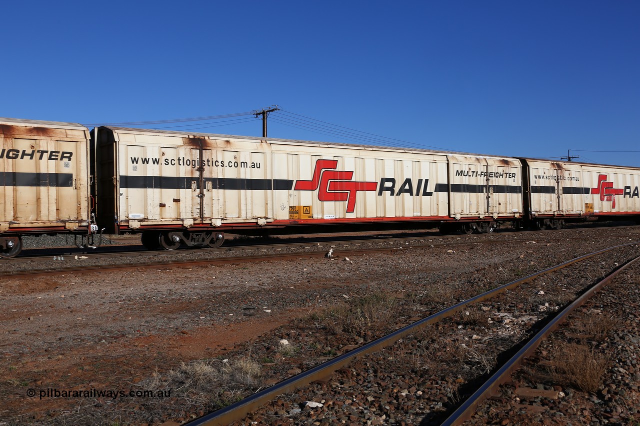 160530 9236
Parkeston, SCT train 7GP1 which operates from Parkes NSW (Goobang Junction) to Perth, PBGY type covered van PBGY 0008 Multi-Freighter, one of eighty two waggons built by Queensland Rail Redbank Workshops in 2005.
Keywords: PBGY-type;PBGY0008;Qld-Rail-Redbank-WS;