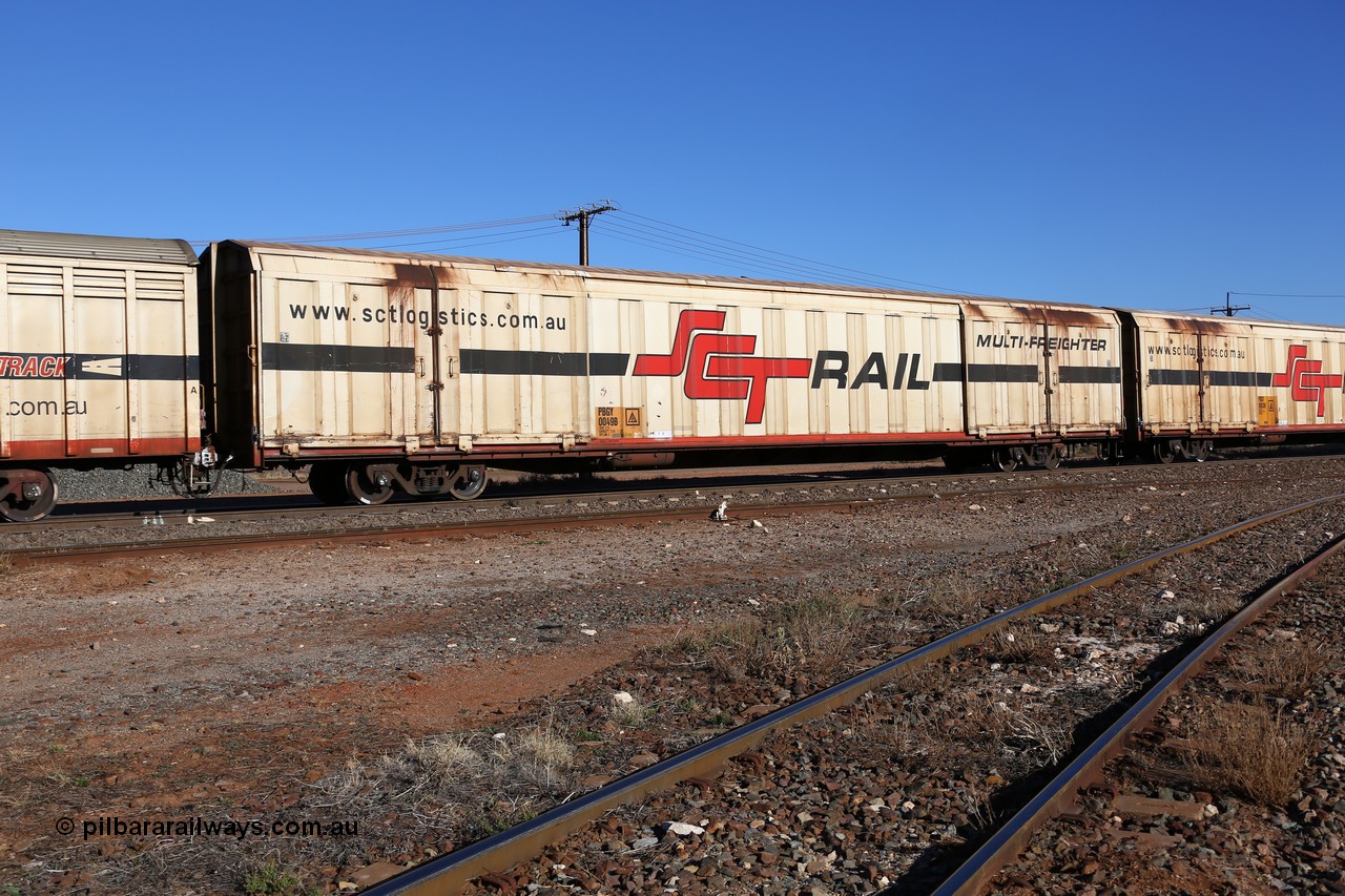 160530 9238
Parkeston, SCT train 7GP1 which operates from Parkes NSW (Goobang Junction) to Perth, PBGY type covered van PBGY 0049 Multi-Freighter, one of eighty two waggons built by Queensland Rail Redbank Workshops in 2005.
Keywords: PBGY-type;PBGY0049;Qld-Rail-Redbank-WS;