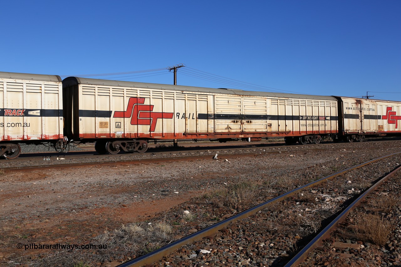 160530 9239
Parkeston, SCT train 7GP1 which operates from Parkes NSW (Goobang Junction) to Perth, ABSY type ABSY 2801 covered van, originally built by Carmor Engineering SA in 1976 as a VFX type covered van for Commonwealth Railways, recoded to ABFX and RBFX and converted from ABFY by Gemco WA in 2004/05 to ABSY.
Keywords: ABSY-type;ABSY2801;Carmor-Engineering-SA;VFX-type;ABFY-type;