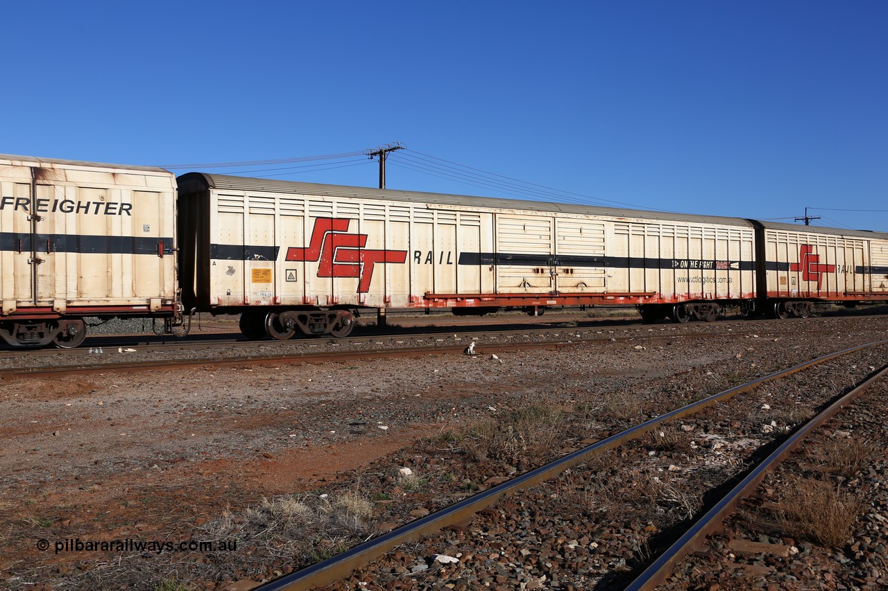 160530 9240
Parkeston, SCT train 7GP1 which operates from Parkes NSW (Goobang Junction) to Perth, ABSY type ABSY 4487 covered van, originally built by Comeng WA in 1977 for Commonwealth Railways as VFX type, recoded to ABFX and RBFX to SCT as ABFY before conversion by Gemco WA to ABSY in 2004/05.
Keywords: ABSY-type;ABSY4487;Comeng-WA;VFX-type;ABFY-type;