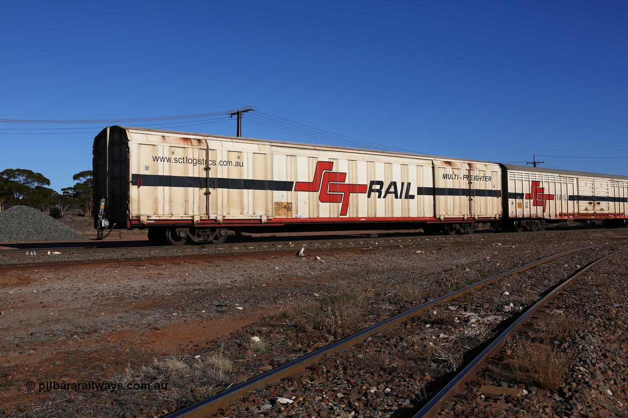 160530 9241
Parkeston, SCT train 7GP1 which operates from Parkes NSW (Goobang Junction) to Perth, PBGY type covered van PBGY 0101 Multi-Freighter, one of eighty units built by Gemco WA.
Keywords: PBGY-type;PBGY0101;Gemco-WA;