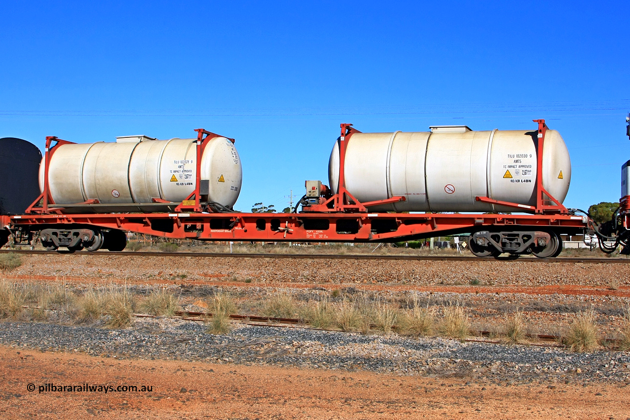 100603 8962
Parkeston, SCT's 3MP9 service operating from Melbourne to Perth, SCT inline refuelling waggon PQFY type PQFY 4209 originally built by Carmor Engineering SA in 1976 for Commonwealth Railways as RMX type container waggon, with two AMT5 type ISO tank-tainers TILU 102030 [9] and TILU 102026 [9].
Keywords: PQFY-type;PQFY4209;Carmor-Engineering-SA;RMX-type;