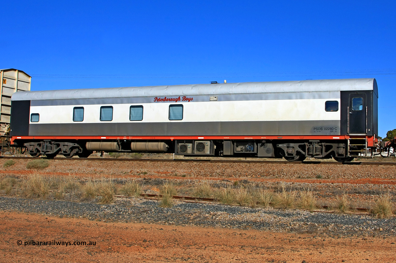 100603 8963
Parkeston, SCT's 3MP9 service operating from Melbourne to Perth, SCT crew accommodation coach PSDS type PSDS 02280 'Peterborough Boys' converted by Gemco WA in 2008 from former Comeng NSW built SDS class sitting car SDS 2280 for the NSWGR.
Keywords: PSDS-type;PSDS02280;Comeng-NSW;SDS-class;