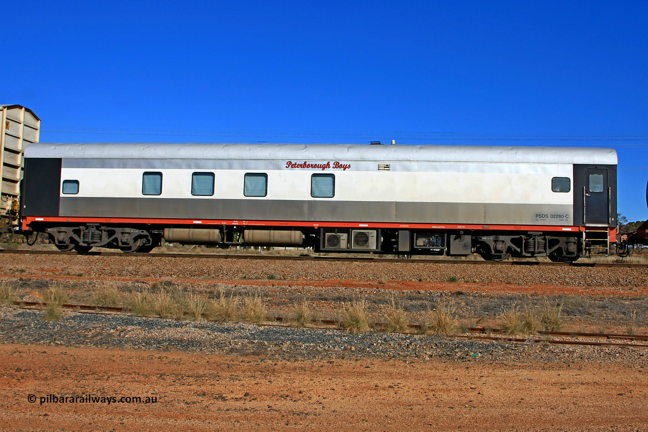 100603 8964
Parkeston, SCT's 3MP9 service operating from Melbourne to Perth, SCT crew accommodation coach PSDS type PSDS 02280 'Peterborough Boys' converted by Gemco WA in 2008 from former Comeng NSW built SDS class sitting car SDS 2280 for the NSWGR.
Keywords: PSDS-type;PSDS02280;Comeng-NSW;SDS-class;