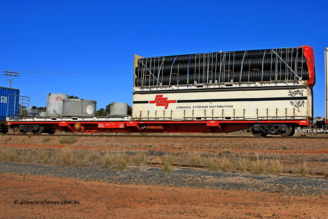 100603 8975
Parkeston, SCT train 3MP9, PQIY type 80' container flat PQIY 0022, one of forty units built by Gemco WA loaded with an SCT 40' flat rack MGCU 6609580 double stacked with SCT 40' half height curtain sider SCT 1002 and another 40' flat rack.
Keywords: PQIY-type;PQIY0022;Gemco-WA;