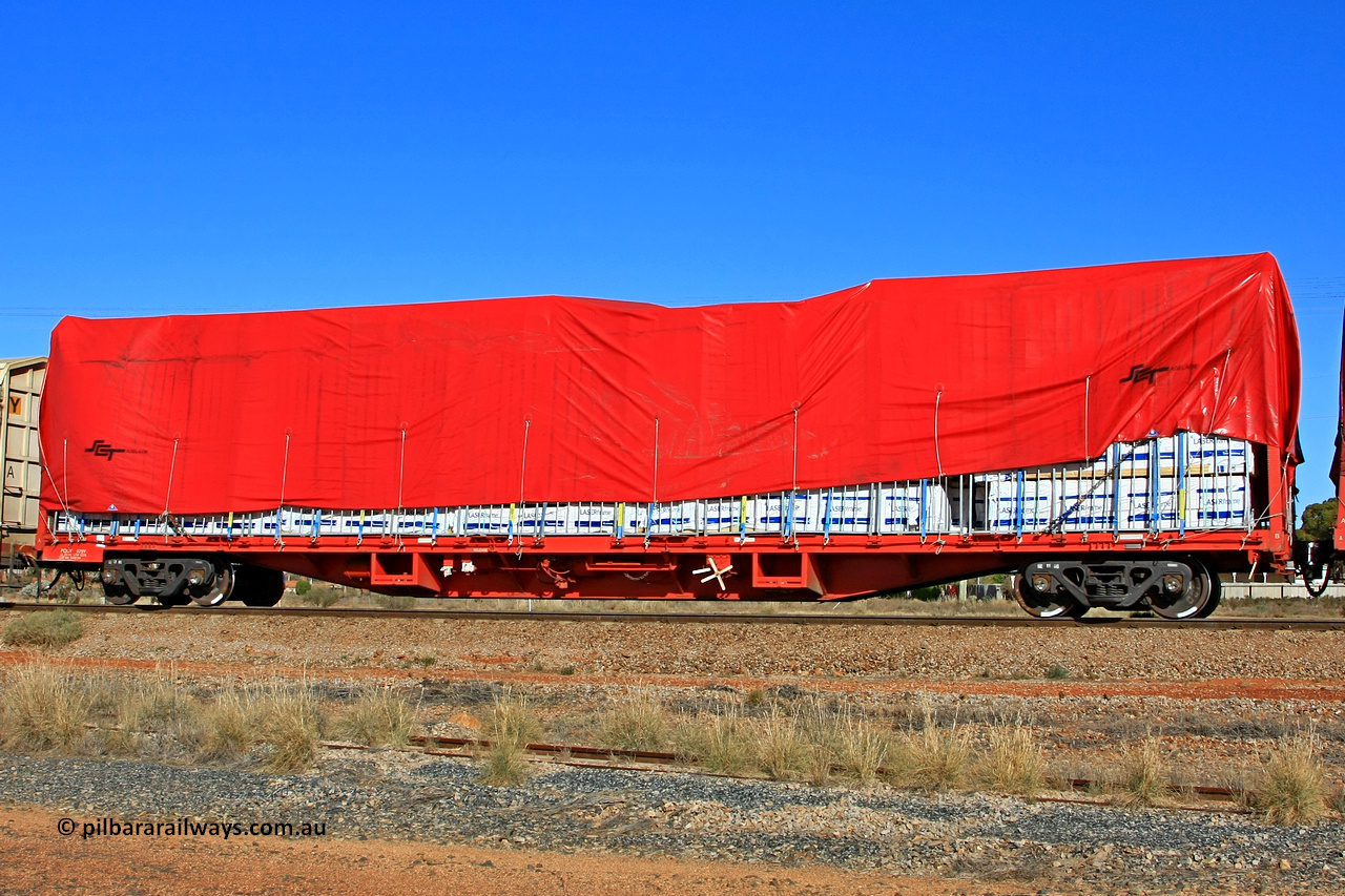 100603 8981
Parkeston, SCT train 3MP9, PQCY type waggon PQCY 979 fitted with bulkheads for tarped loading. Originally built by Victorian Railways Ballarat Nth Workshops as a VQCX type container waggon in a batch of seventy five in June 1980. Loaded with timber products.
Keywords: PQCY-type;PQCY979;Victorian-Railways-Ballarat-Nth-WS;VQCX-type;