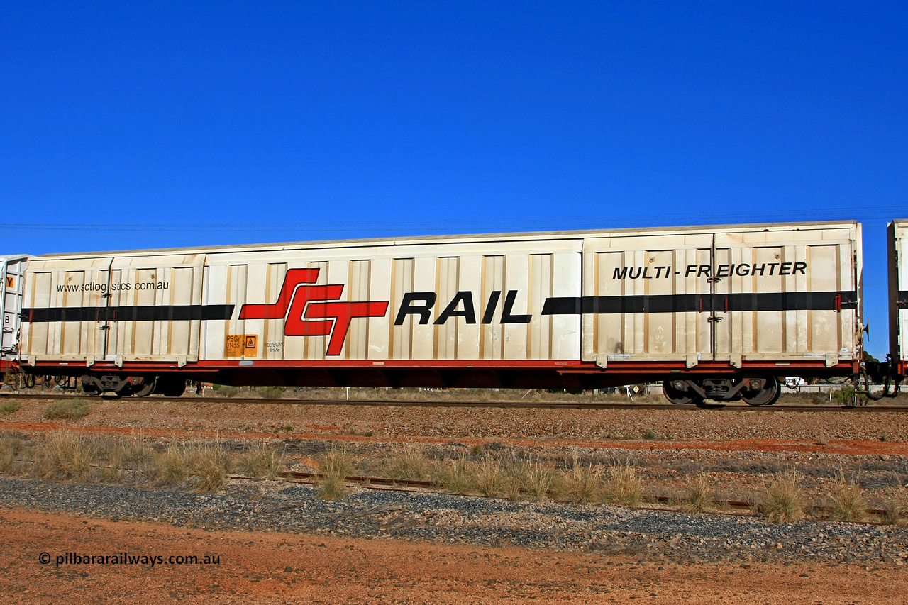 100603 8984
Parkeston, SCT train 3MP9, PBGY type covered van PBGY 0145 Multi-Freighter, one of eighty units built by Gemco WA in 2008, with Independent Brake signage.
Keywords: PBGY-type;PBGY0145;Gemco-WA;