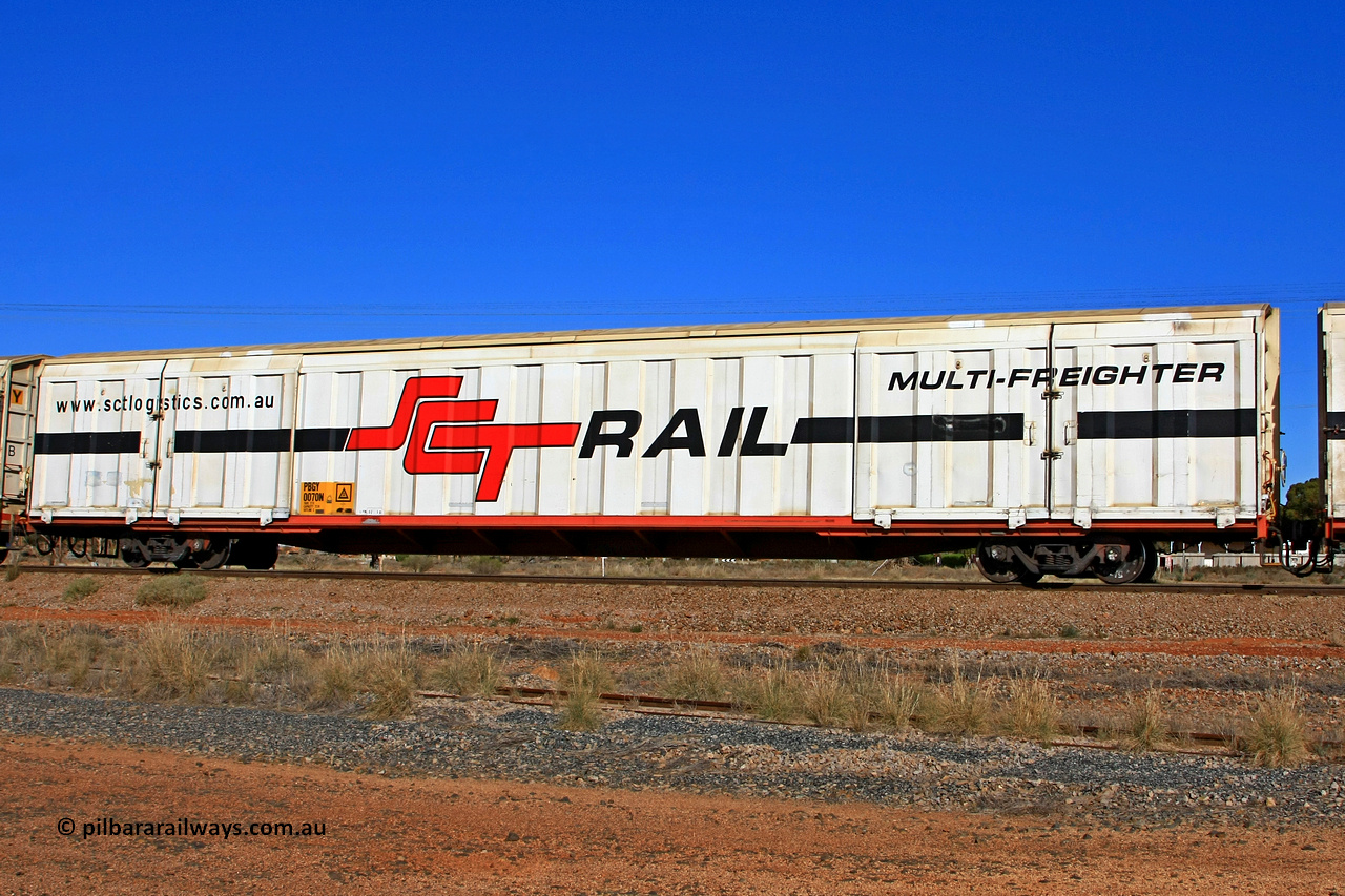 100603 8990
Parkeston, SCT train 3MP9, PBGY type covered van PBGY 0070 Multi-Freighter, one of eighty two waggons built by Queensland Rail Redbank Workshops in 2005.
Keywords: PBGY-type;PBGY0070;Qld-Rail-Redbank-WS;