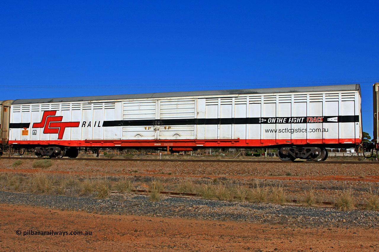 100603 8993
Parkeston, SCT train 3MP9, ABSY type covered van ABSY 3112, originally built by Comeng WA in a batch of fifty VFX type covered vans in 1977 for Commonwealth Railways. Recoded from ABFX to RBFX November 1994, to SCT as ABFY type before being converted by Gemco WA to ABSY type in 2004/05.
Keywords: ABSY-type;ABSY3114;Comeng-WA;VFX-type;ABFX-type;RBFX-type;ABFY-type;