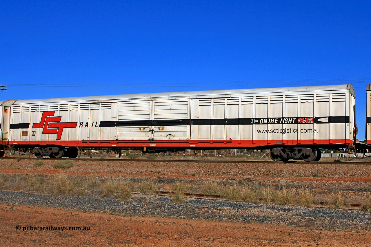 100603 8995
Parkeston, SCT train 3MP9, ABSY type covered van ABSY 2674, originally build by Comeng NSW in a batch of forty VFX type covered vans in 1973 for Commonwealth Railways. Recoded to ABFX, RBFX and to ABFY in November 1996. To SCT as ABFY type before being converted by Gemco WA to ABSY type in 2004/05.
Keywords: ABSY-type;ABSY2674;Comeng-NSW;VFX-type;ABFX-type;RBFX-type;ABFY-type;