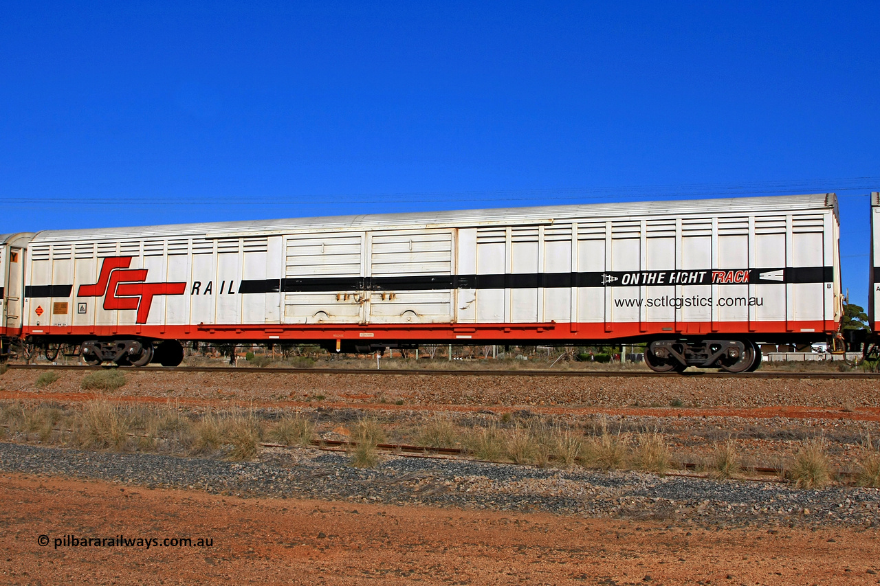 100603 8996
Parkeston, SCT train 3MP9, ABSY type covered van ABSY 3089, originally built by Comeng WA in a batch of fifty in 1977 for Commonwealth Railways as VFX type, recoded to ABFX and ABFY before being sold to SCT as ABFY and before conversion by Gemco WA to ABSY in 2004/05.
Keywords: ABSY-type;ABSY3089;Comeng-WA;VFX-type;ABFY-type;