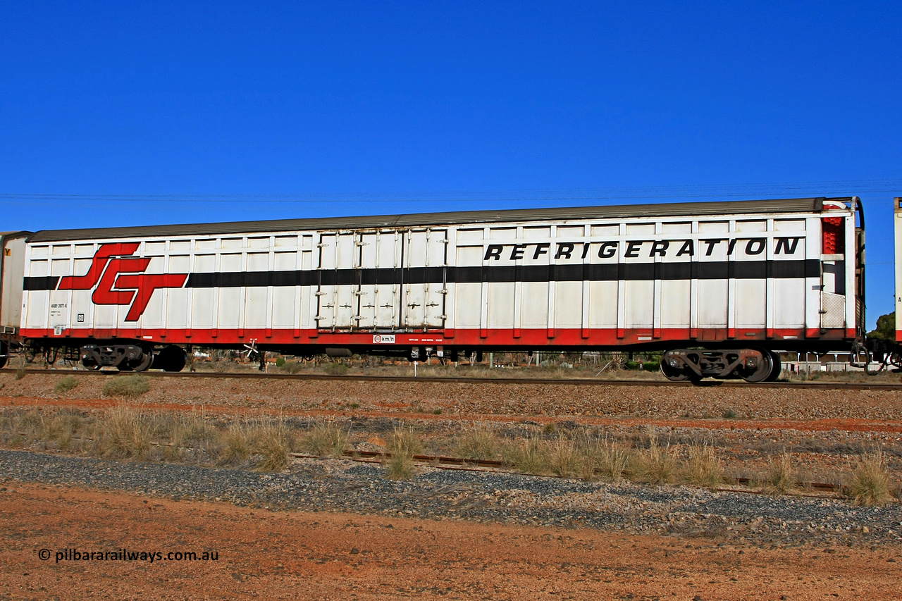 100603 9007
Parkeston, SCT train 3MP9, ARBY type ARBY 2677 refrigerated van, originally built by Comeng NSW in 1973 as a VFX type covered van for Commonwealth Railways, recoded to ABFX, RBFX and finally converted for SCT from ABFY by Gemco WA in 2004/05 to ARBY.
Keywords: ARBY-type;ARBY2677;Comeng-NSW;VFX-type;ABFY-type;