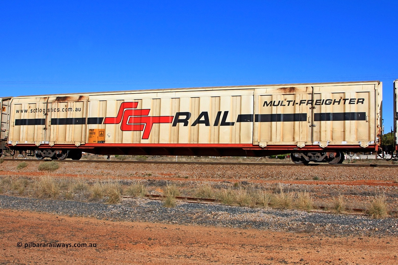 100603 9012
Parkeston, SCT train 3MP9, PBGY type covered van PBGY 0007 Multi-Freighter, one of eighty two waggons built by Queensland Rail Redbank Workshops in 2005.
Keywords: PBGY-type;PBGY0007;Qld-Rail-Redbank-WS;