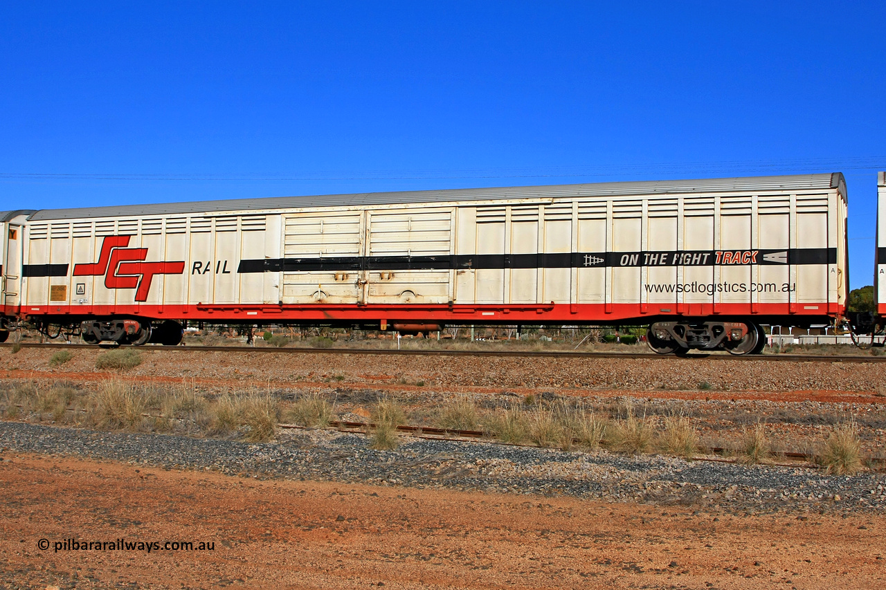 100603 9023
Parkeston, SCT train 3MP9, ABSY type covered van ABSY 2454, originally built by Mechanical Handling Ltd SA in 1971 for Commonwealth Railways as VFX type recoded to ABFX and then RBFX to SCT as ABFY before being converted by Gemco WA to ABSY type in 2004/05 seen here with the silver corrugated roof fitted.
Keywords: ABSY-type;ABSY2454;Mechanical-Handling-Ltd-SA;VFX-type;ABFY-type;