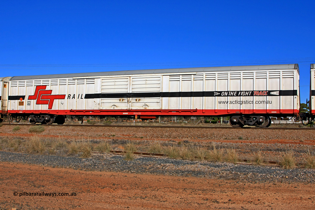 100603 9024
Parkeston, SCT train 3MP9, ABSY type covered van ABSY 2664, one of a batch of fifty made by Comeng WA as VFX type 75' covered vans in 1977, recoded to ABFX then ABFY type, to SCT then Gemco WA upgraded it to ABSY type in 2004/05, seen here with the silver corrugated roof fitted.
Keywords: ABSY-type;ABSY2664;Comeng-NSW;VFX-type;ABFX-type;ABFY-type;