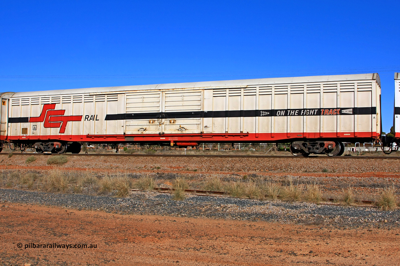 100603 9026
Parkeston, SCT train 3MP9, ABSY type covered van ABSY 2505, originally built by Mechanical Handling Ltd SA in 1972 for Commonwealth Railways as VFX type recoded to ABFX and then RBFX before being converted from ABFY by Gemco WA to ABSY type in 2004/05.
Keywords: ABSY-type;ABSY2505;Mechanical-Handling-Ltd-SA;VFX-type;ABFX-type;RBFX-type;ABFY-type;