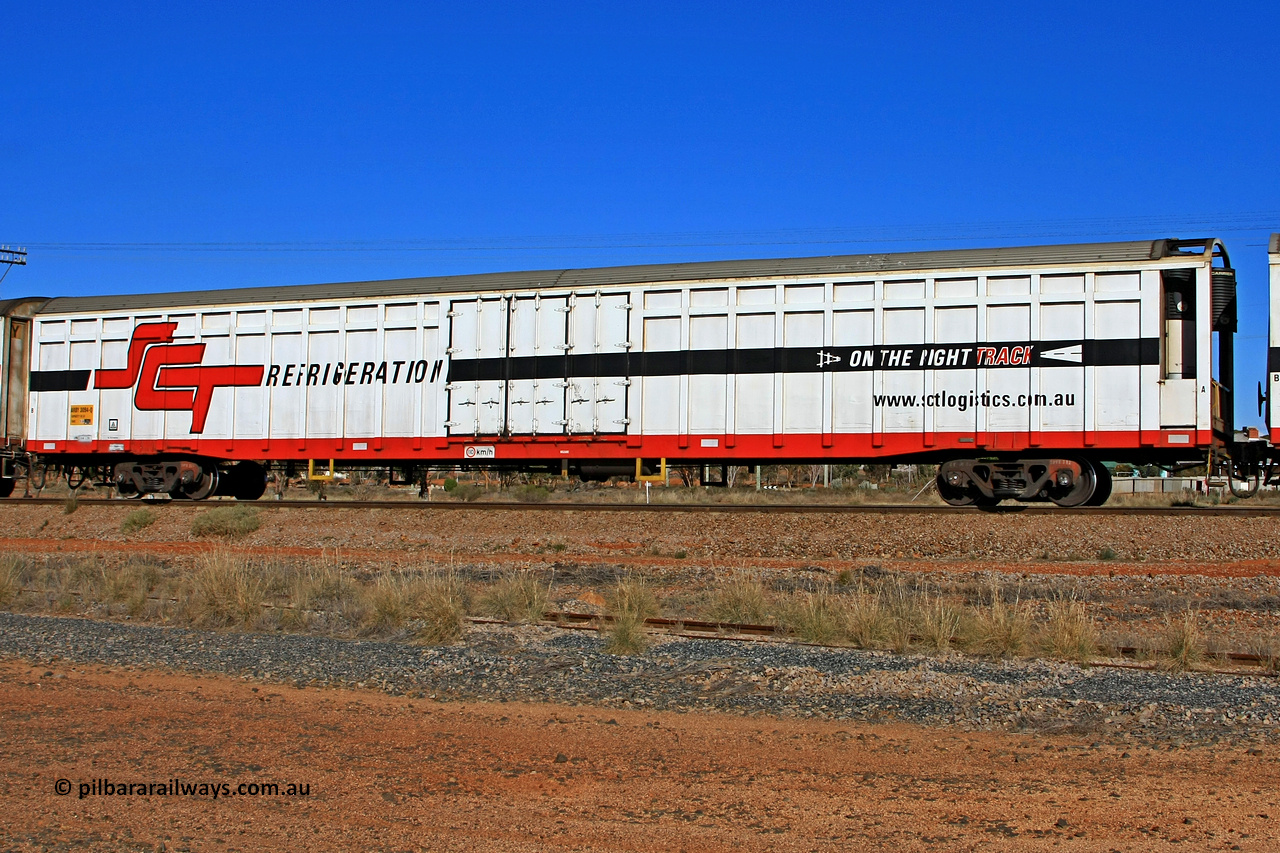 100603 9028
Parkeston, SCT train 3MP9, ARBY type ARBY 3094 refrigerated van, originally built by Comeng WA in 1977 as a VFX type covered van for Commonwealth Railways, recoded to ABFX, RBFX and finally converted from ABFY by Gemco WA in 2004/05 to ARBY.
Keywords: ARBY-type;ARBY3094;Comeng-WA;VFX-type;