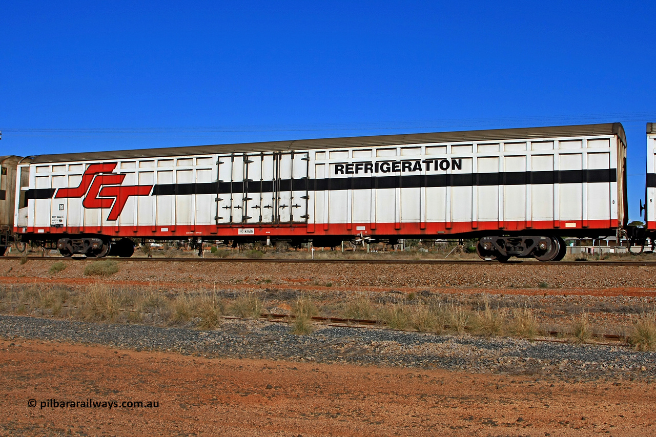 100603 9029
Parkeston, SCT train 3MP9, ARBY type ARBY 4444 refrigerated van, originally built by Comeng WA in 1977 as a VFX type covered van for Commonwealth Railways, recoded to ABFX and converted from ABFY by Gemco WA in 2004/05 to ARBY.
Keywords: ABSY-type;ABSY4444;Comeng-WA;VFX-type;ABFX-type;