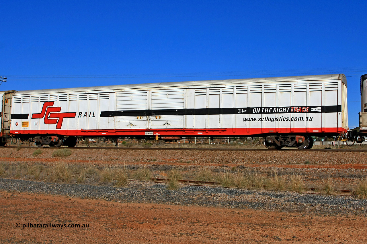 100603 9031
Parkeston, SCT train 3MP9, ABSY type covered van ABSY 2477 originally built for former ANR by Mechanical Handling Ltd SA in 1972 as VFX type covered van which were recoded to ABFX in later years and recoded to ABFY for SCT before conversion by Gemco WA in 2004/05 to ABSY.
Keywords: ABSY-type;ABSY2477;Mechanical-Handling-Ltd-SA;VFX-type;ABFY-type;