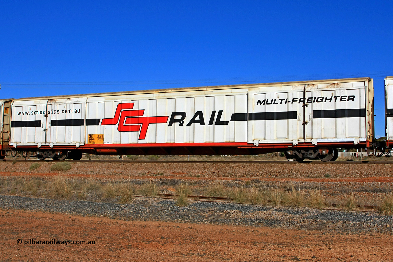 100603 9033
Parkeston, SCT train 3MP9, PBGY type covered van PBGY 0062 Multi-Freighter, one of eighty two waggons built by Queensland Rail Redbank Workshops in 2005.
Keywords: PBGY-type;PBGY0062;Qld-Rail-Redbank-WS;