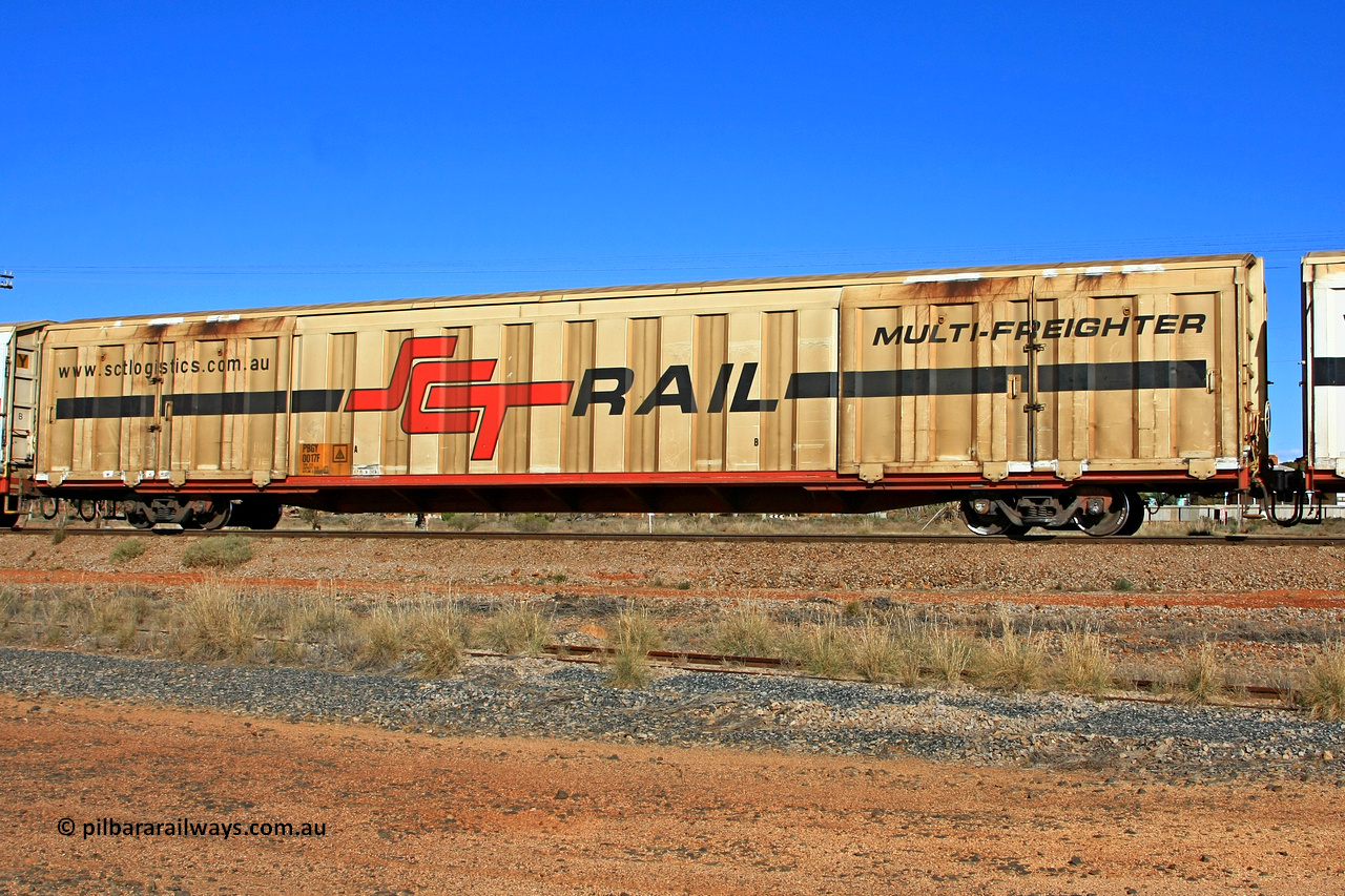 100603 9035
Parkeston, SCT train 3MP9, PBGY type covered van PBGY 0017 Multi-Freighter, one of eighty two waggons built by Queensland Rail Redbank Workshops in 2005.
Keywords: PBGY-type;PBGY0017;Qld-Rail-Redbank-WS;