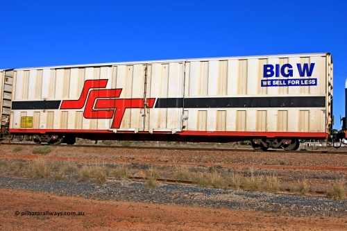 100603 8965
Parkeston, SCT train 3MP9, PBHY type covered van PBHY 0019 Greater Freighter, one of thirty five units built by Gemco WA in 2005 without the Greater Freighter signage but with Big W We Sell For Less logo.
Keywords: PBHY-type;PBHY0019;Gemco-WA;