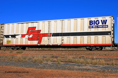 100603 8972
Parkeston, SCT train 3MP9, PBHY type covered van PBHY 0022 Greater Freighter, one of thirty five units built by Gemco WA in 2005 without the Greater Freighter signage but with Big W We Sell For Less logo.
Keywords: PBHY-type;PBHY0022;Gemco-WA;