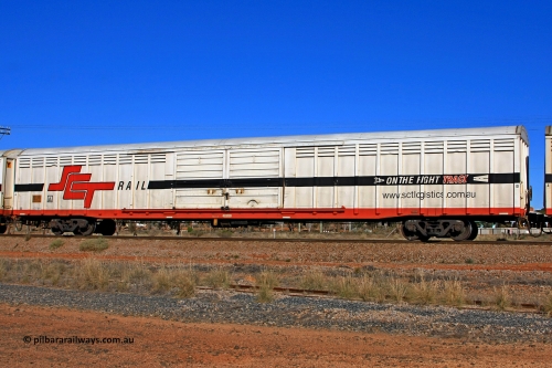 100603 8995
Parkeston, SCT train 3MP9, ABSY type covered van ABSY 2674, originally build by Comeng NSW in a batch of forty VFX type covered vans in 1973 for Commonwealth Railways. Recoded to ABFX, RBFX and to ABFY in November 1996. To SCT as ABFY type before being converted by Gemco WA to ABSY type in 2004/05.
Keywords: ABSY-type;ABSY2674;Comeng-NSW;VFX-type;ABFX-type;RBFX-type;ABFY-type;