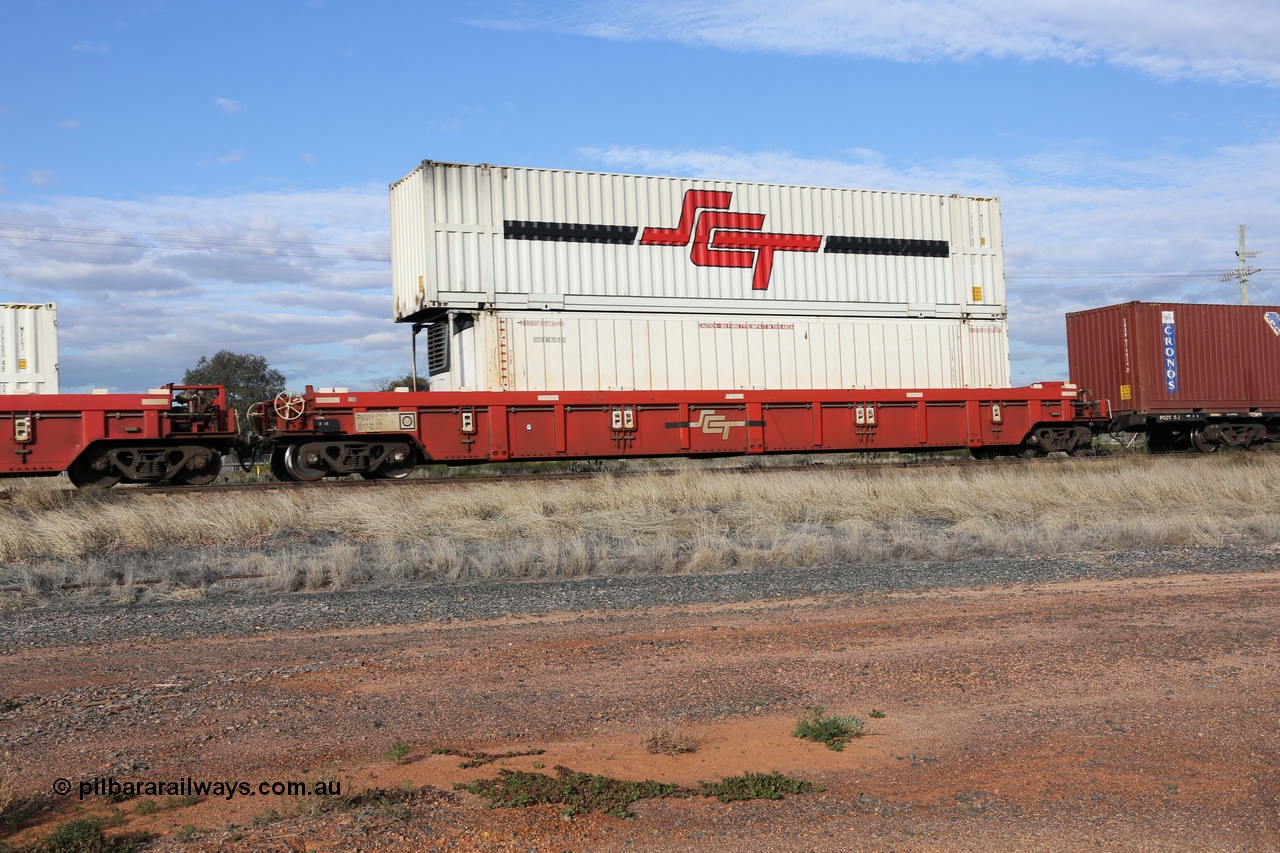 130710 1022
Parkeston, SCT train 3PG1, PWWY type 100 tonne well waggon PWWY 0017 double stacked with a 46' reefer SCFU 807013 and an SCT 48' MFG1 type container SCTDS 4812. Bradken NSW built forty of these PWWY wells for SCT in 2008.
Keywords: PWWY-type;PWWY0017;Bradken-NSW;