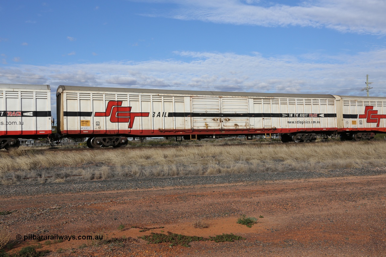 130710 1027
Parkeston, SCT train 3PG1, ABSY type ABSY 2469 covered van, originally built by Mechanical Handling Ltd SA in 1972 for Commonwealth Railways as VFX type recoded to ABFX and then RBFX to SCT as ABFY before being converted by Gemco WA to ABSY type in 2004/05.
Keywords: ABSY-type;ABSY2469;Mechanical-Handling-Ltd-SA;VFX-type;ABFY-type;