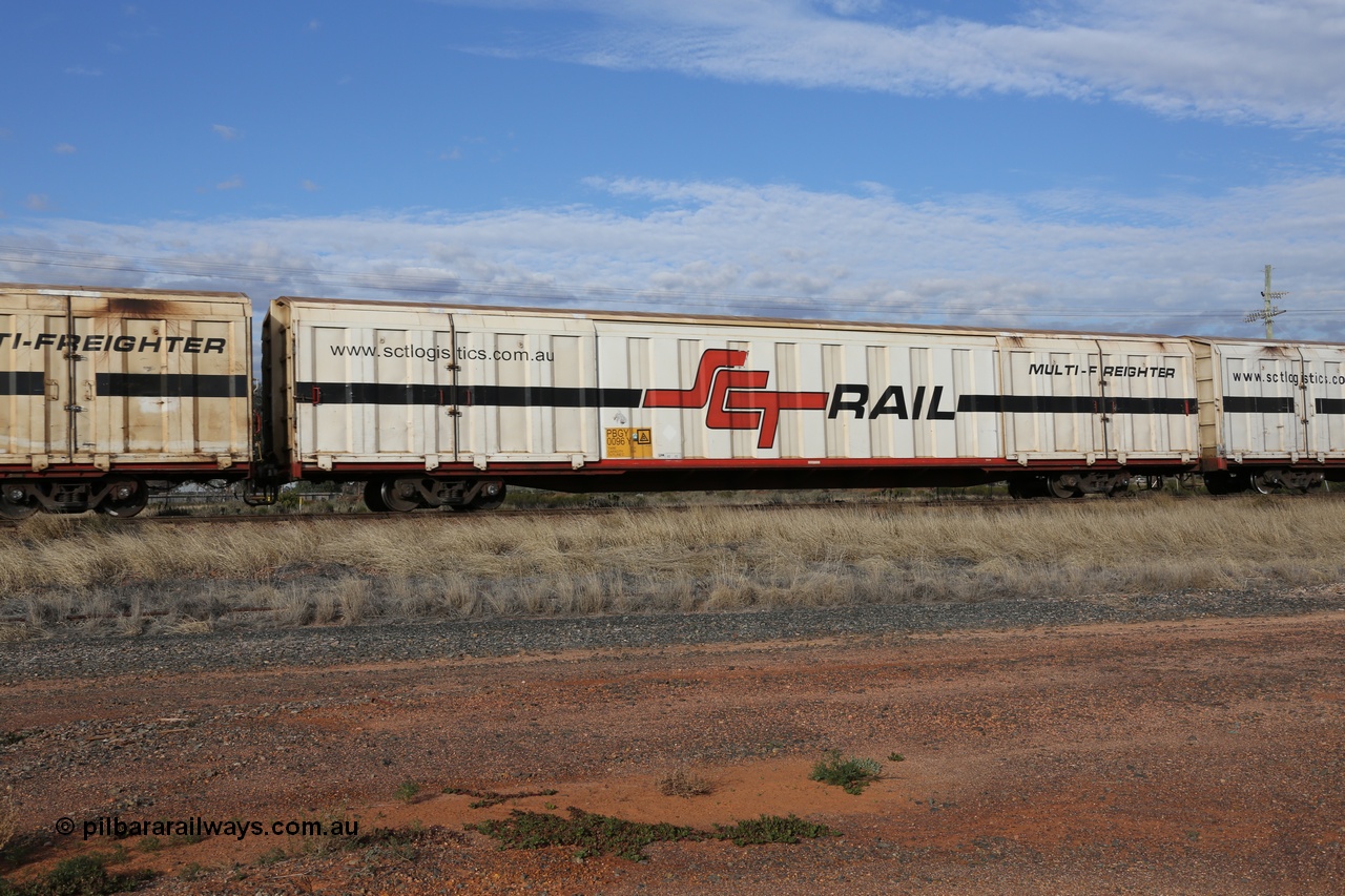 130710 1034
Parkeston, SCT train 3PG1, PBGY type covered van PBGY 0096 Multi-Freighter, one of eighty waggons from the second order built by Gemco WA for SCT.
Keywords: PBGY-type;PBGY0096;Gemco-WA;